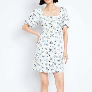 NWT Old Navy Light Blue Floral Puff-Sleeve Linen-Blend Mini Dress Size XS Petite